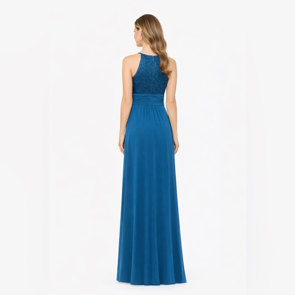 Betsy & Adam Teal Halter Sequin Chiffon Gown Petite Size 2P Formal Evening - Picture 3 of 8